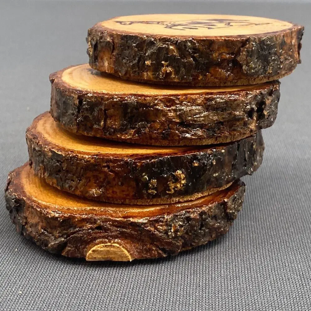 VTG Wood Slice Coaster Set Horse Burned Rustic Cabin Decor Log Round Set 4 Ranch